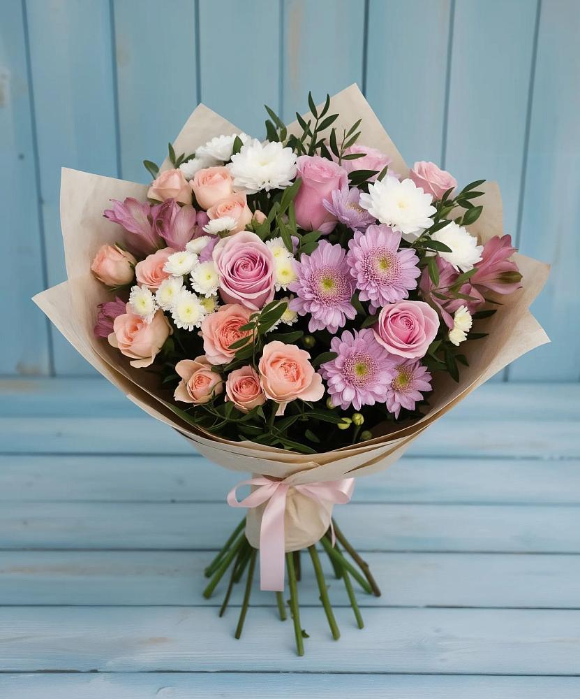 Букет цветов из: Хризантемы, Розы и Альстромерии в Москаленках