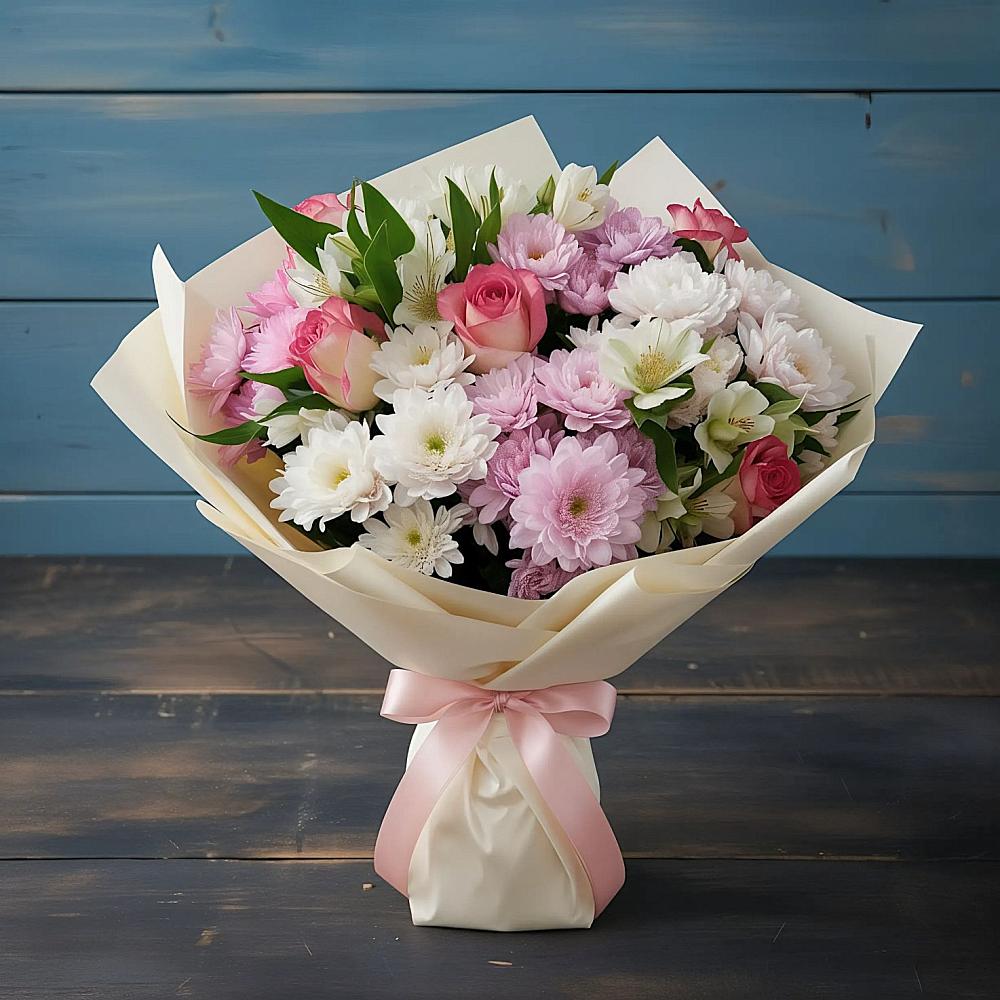 Букет цветов из: Хризантемы, Альстромерии и Розы в Москаленках